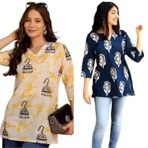 MS VHCK ENTERPRISE Women's Cotton Printed Short Kurti, Round Neck, Three Quarter Sleeve, Straight Fit, Pack of 2