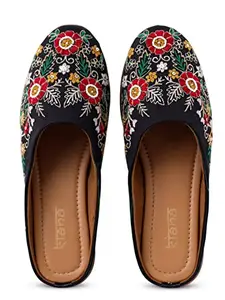 QUKAN Women's Handmade Jutti | Ethnic Shoes | Traditional Flat Mojari |Embroidered Canvas Slip on Bellies |Embroidered Traditional Casual Ethnic Wear |BLACK-118 (Numeric_5)