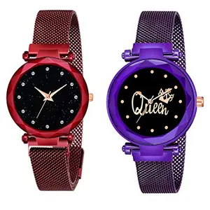 Talgo Casual Analogue New Unique Designer Black Dial Red & Purple Gold Magnet Strap Wrist Watch - for Women & Girls