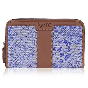 Amic Handcrafted Vegan Leather with Jute Printed Chain Wallet (Blue Leaves Multi)