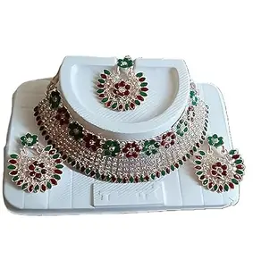 Ethnic Necklace Set with Green and Red Gemstones, Silver-Toned, 3 Pieces