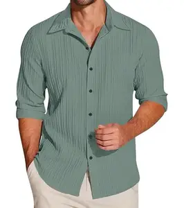 Macsivo Men's Regular Fit Casual Button Down Shirts Long Sleeve Linen Shirt Fashion Popcorn Summer Shirt Green