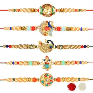 De Marquis 5 Designer Rakhi Gift Set for Brother, Mauli Thread, Chawal Roli Pack, Greeting Card Set (5 Multicolor RAKHI set in different design with Roli and chawal)