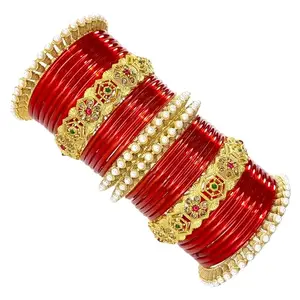 Red fancy bangle brass kangal chuda set pearl kada for girls and women (2.6)