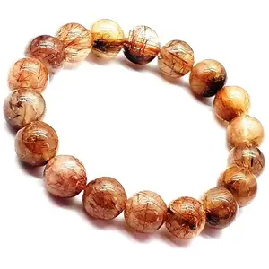 RRJEWELZ Unisex Bracelet 10mm Natural Gemstone Copper Rutile Round shape Smooth cut beads 7 inch stretchable bracelet for men & women. | STBR_02902