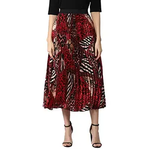 StyleStone Women's Satin Printed Pleated Skirt (3735PleatRedSuziL)