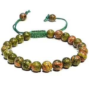 RRJEWELZ Natural Unakite Round Shape 8mm Smooth Beads Green Color Threaded Adjustable Bracelet For Men & Women. |TDBR_1863