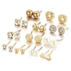 Brijsun Innovations Set of 12 Pairs Stylish Gold-Tone Stud Earrings for Women & Girls | Earrings Combo with Pearl, Crystal & Geometric Designs | Lightweight Fashion Jewelry for All Occasions