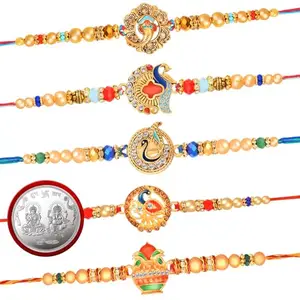 De Marquis 5 Rakhi Combo Set for Brother (1 Coin) | Rakshasutra Combo Set of 5 for brother/bhai/bhaiya/bhabhi/sister/kids, Happy Rakshabandhan (Pack of 5 Rakhi)