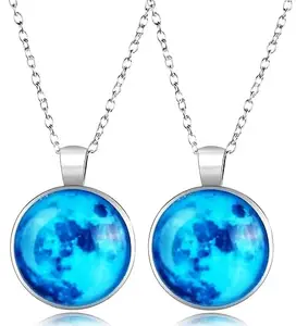 Adhvik (Set Of 2 Pcs) Unisex Romantic Glow In The Dark Rising Blue Moon Handmade Crystal Glass Dome Lunar Eclipse Alloy Luminous Locket Pendant Necklace With Chain