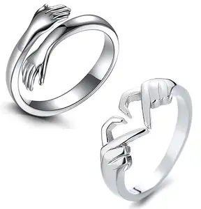 Adhvik (Set Of 2 Pcs) CMB7871 Combo Of Silver Hand Hug Me And Geometric Palm Love Gesture Couple Hands Than Heart Thumb Finger Ring For Women's And Girl's