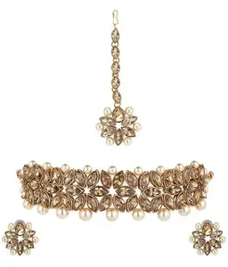 Golden-Toned Moti Choker Necklace Set for Women - Traditional Indian Pearl Jewelry for Weddings and Festive Occasions