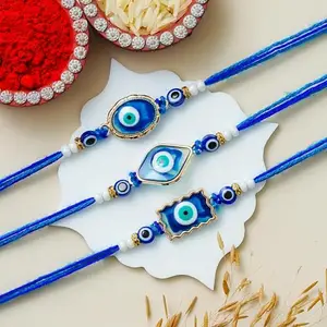 eCraftIndia Set of 3 Evil Eye Rakhis with Roli Chawal Pack | Evil Eye Rakhi for Brother Bhaiya Bhai Bhabhi Kids