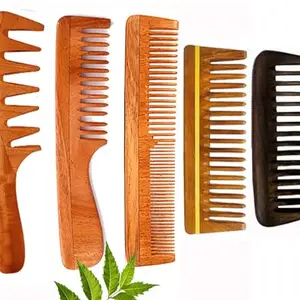 Rufiys Wooden Comb set for Women & Men | Hair Growth | Dandruff Control | Wide Tooth Round | Neem Wood Rosewood Curly Wavy straightener Detangler Hair Comb (Pack of 5)