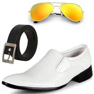 Vitoria Stylish & Trendy Men Formal Shoes with Free Belt & Unisex Red Gold Avitor Sunglasses Combo/8