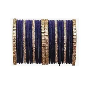 Banke Bihari Gold Plated Zircon Stones And Beads Studded Fashion Jewellery Metal Bangles Set For Women & Girls - Pack of 32 (Blue, Size: 2.4)