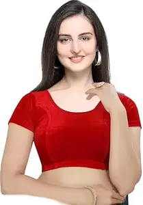 Velvet Solid Short Sleeve Saree Blouse Red