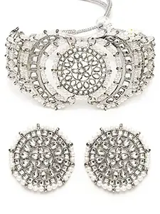 Karatcart Oxidised Silver Pearl Studded Beaded Floral Choker Necklace Setfor Women