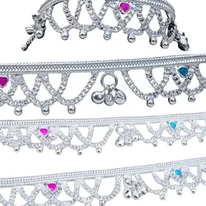 Decor flower German Silver Anklets Set of 2, Design with Coloured Stones, Contemporary Style, Silver Plated-layer by layered Traditional collection -10.5 Inch