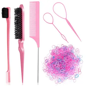 Patelai 1505 Pcs Hair Brush and Comb Set, Control Hairline Brush Tail Comb Teasing Comb Brush Mini Rubber Bands and Elastic Hair Bands, 2 Pcs Hair Tail Braiding Tools for Women Girls Men (Pink)