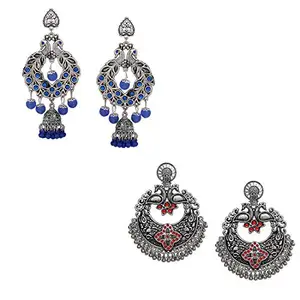 Yellow Chimes Combo of 2 Pairs Ethnic Silver Oxidised Floral Design Beads Studded Stones Chandbali Jhumka Earrings for Women and Girls, medium (YCTJER-CHNDNGLR-C-BLRD), red, blue