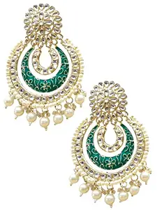 OOMPHelicious Jewellery Green Meenakari & Kundan Pearls Floral Large Ethnic Drop Earring For Women & Girls
