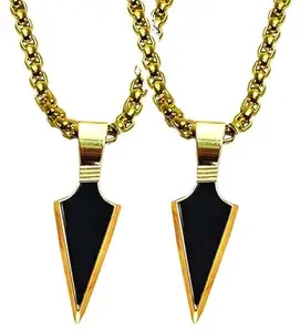 De-Autocare (Set Of 2 Pcs Golden Color Fancy & Stylish Unisex Stainless Steel Cool Spearpoint Arrow Head With Black Stone Cross Crucifix Crown Design Locket Pendant Necklace With Box Chain