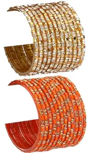 Somil Combo Of Party & Wedding Colorful Glass Kada/Bangle, Pack Of 24, Golden,Orange