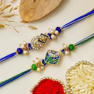 eCraftIndia Set of 2 Green Blue Designer Rakhis with Roli Chawal Pack | Rakhi for Brother Bhaiya Bhai Bhabhi Kids