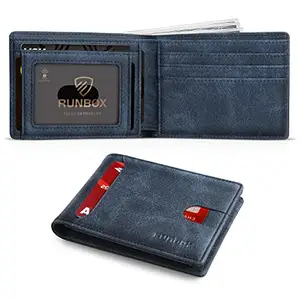 RUNBOX Wallet for Men Slim 11 Credit Card Holder Slots Leather RFID Blocking Small Thin Men's Wallet Bifold Minimalist Front Pocket Large Capacity Gift Box, Dark Blue, small, Minimalist
