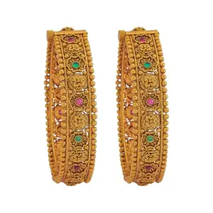 Kushal's Fashion Jewellery Ruby-Green Gold Plated Ethnic Antique Bangles - 409469