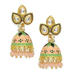 OOMPH Jewellery Peach Pink & Mint Green Meenakari Kundan & Pearls Ethnic Jhumka Earrings For Women & Girls Stylish Latest (HCE259_A2)