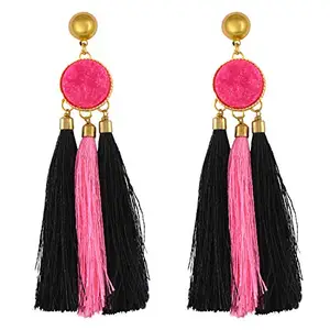 ACCESSHER Pink Druzy with Black and pink Tassel earrings