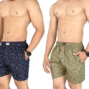 FABVIO PLUS Men Knit Shorts -Smart Tech, Easy Stain Release, Anti Stat, Ultra Soft, Quick Dry (Boxer-Olive-NYBLU-XL)