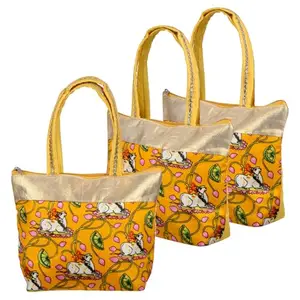 Kuber Industries Women Hand Purse | Traditional Mini Hand Bag | Silk Wallet Hand Bag | Woman Tote Hand Bag | Gifts Hand Bag | Cow-Small Hand Purse | Pack of 3 | Yellow