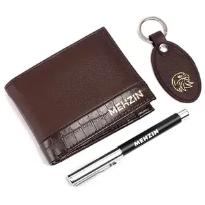 MEHZIN Men Formal Brown Artificial Leather Wallet,Key Ring & Pen 3Pcs Combo Gift Set (5 Card Slots) Style-186