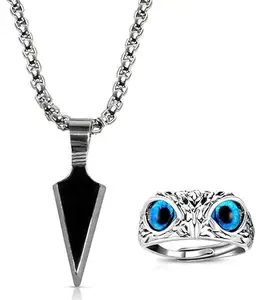 Adhvik Cool Spearpoint Arrow Head With Black Stone Locket Pendant Necklace With Box Chain And Crystal Glasses Blue Demon Eyes Owl/Ullu Bird Face Design Thumb Finger Ring For Good Luck And Wisdom