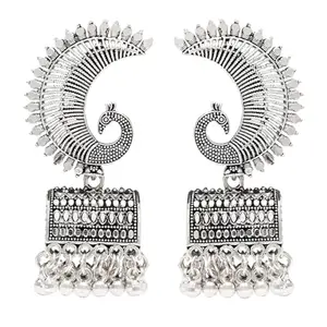 I Jewels Ethnic Silver Oxidised Afghani Peacock Jhumka Earrings For Women (E3317OX)