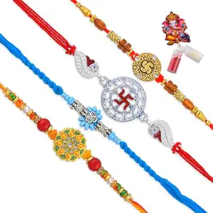 Memoir Set of 4 Traditional Rakhi Set for Bhai and Bhabhi with Ganesh oli Chawal for Rakshabandhan festival (RKSC0070)