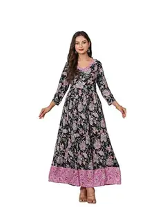 Women's Rayon Dress, Floral Print, V-Neck, 3/4 Sleeves, Ankle Length, Ethnic Style KJ4