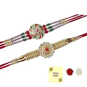 Avanti Creations Mens Stunning Gold Plated Designer Brother's Rakhi With Roli Chawal And Greeting Card Set Of 2