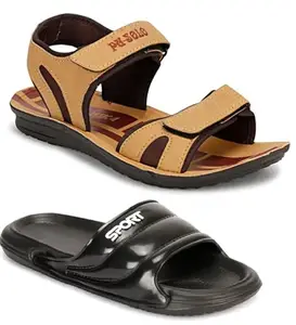 Liboni Men's Comfort Flip-Flops, Black Slippers & Brown Sandals Combo Pack of 2 (9)