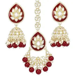 Peora Gold Plated Maroon Kundan & Beads Studded Ethnic Jhumki Earring & Maangtikka Set Traditional Fancy Jewellery Gift for Women & Girls