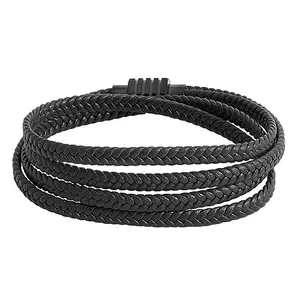 Shining Jewel - By Shivansh Shining Jewel Multilayer Braided Design Black Leather Bracelet for Men, Boys (SJ_3531_BK)