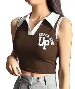 Stylish Sleeveless Crop Top with White Collar and Never Give Up Printed Design for Women