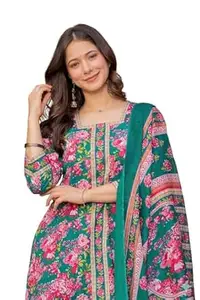 Aradhika Women's Printed Cotton Kurta with Pants and Dupatta - (Green)