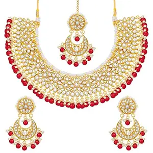 Amazon Brand - Anarva Women 18K Gold Plated Traditional Handcrafted Faux Kundan & Pearl Studded Bridal Choker Necklace Jewellery Set With Earrings & Maang Tikka (K7076R)