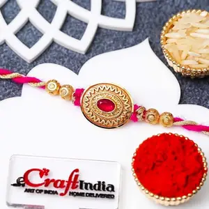 eCraftIndia Golden Pink Kundan Beads Designer Rakhi for Brother | Raksha Bandhan Rakhi for Bhai Bhaiya | Roli Chawal Pack
