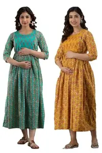 Pack of 2 Women's Pure Cotton Printed Maternity Gown/Maternity wear/Feeding Nighty A-line Maternity Feeding Dress Maternity Kurti Gown for Women (XX-Large, Lite Blue & Yellow)