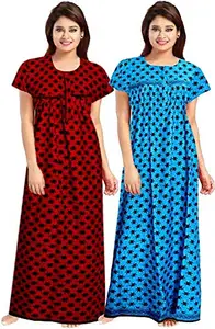 Women's Soft Pure Cotton All Over Print Nightwear with Front Zip Maxi Sleepwear Night Dress Nighty (Multicolour, Free Size, XXL) -Combo Pack of 2